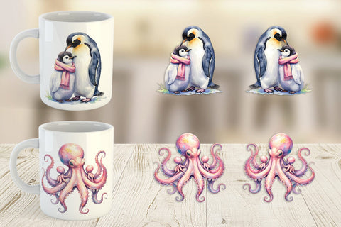 Mug Wrap Watercolor Mom and Baby Ocean Animals Sublimation artnoy 