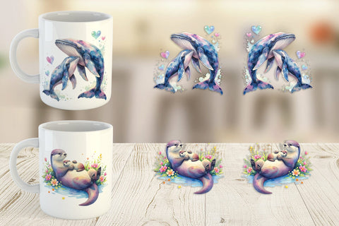 Mug Wrap Watercolor Mom and Baby Ocean Animals Sublimation artnoy 