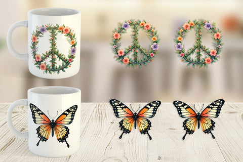 Mug Wrap Watercolor Peace & Petals 70s Symbols & Icons Sublimation artnoy 