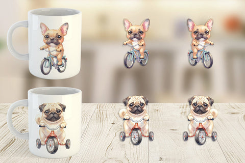 Mug Wrap Watercolor Puppy Eye Dogs on Bicycle Sublimation artnoy 