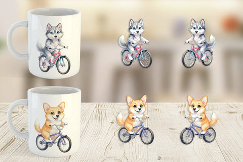 Mug Wrap Watercolor Puppy Eye Dogs on Bicycle Sublimation artnoy 