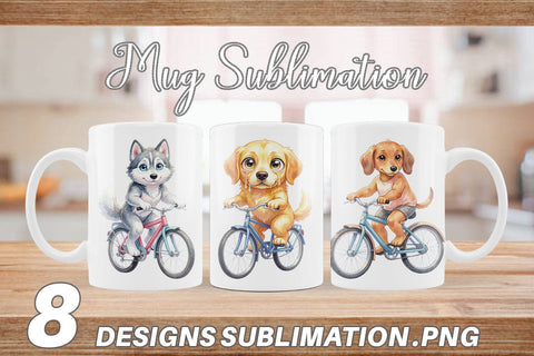 Mug Wrap Watercolor Puppy Eye Dogs on Bicycle Sublimation artnoy 