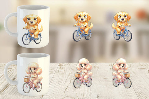 Mug Wrap Watercolor Puppy Eye Dogs on Bicycle Sublimation artnoy 