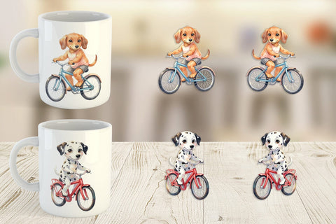 Mug Wrap Watercolor Puppy Eye Dogs on Bicycle Sublimation artnoy 
