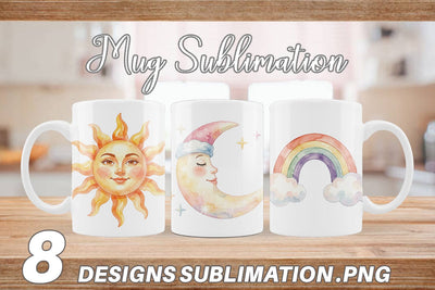 Mug Wrap Watercolor Retro 70s Sun And Celestial Sublimation artnoy 