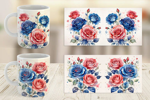 Mug Wrap Watercolor Roses Patriotic Sublimation artnoy 