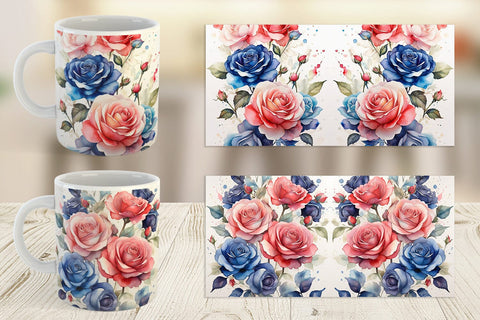 Mug Wrap Watercolor Roses Patriotic Sublimation artnoy 