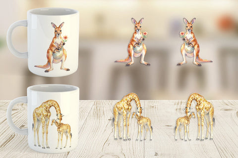 Mug Wrap Watercolor Safari Mom And Baby Animal Sublimation artnoy 