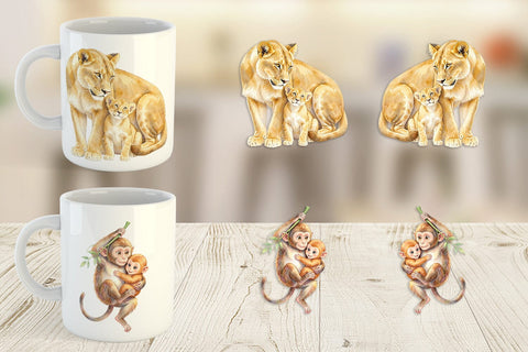 Mug Wrap Watercolor Safari Mom And Baby Animal Sublimation artnoy 