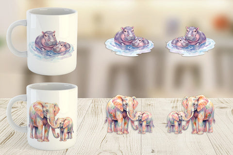 Mug Wrap Watercolor Safari Mom And Baby Animal Sublimation artnoy 