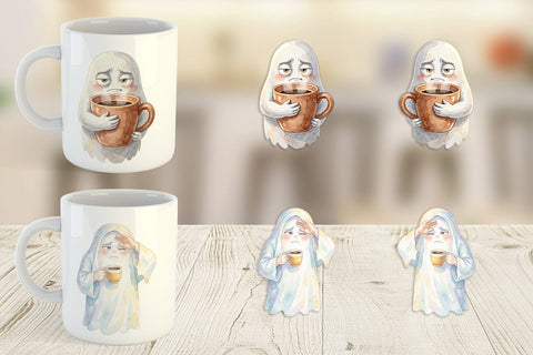 Mug Wrap Watercolor Sarcastic Morning Coffee Ghost Sublimation artnoy 
