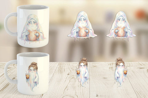Mug Wrap Watercolor Sarcastic Morning Coffee Ghost Sublimation artnoy 