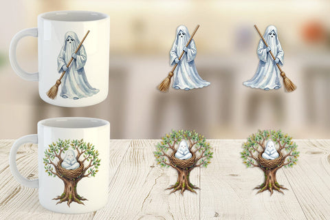 Mug Wrap Watercolor Sleepy Autumn Pumpkin Ghost Sublimation artnoy 