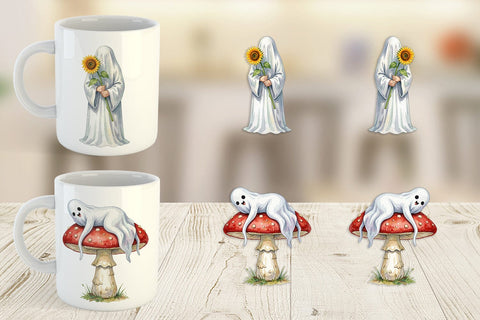 Mug Wrap Watercolor Sleepy Autumn Pumpkin Ghost Sublimation artnoy 