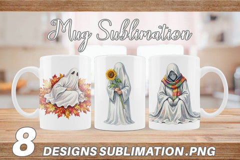 Mug Wrap Watercolor Sleepy Autumn Pumpkin Ghost Sublimation artnoy 
