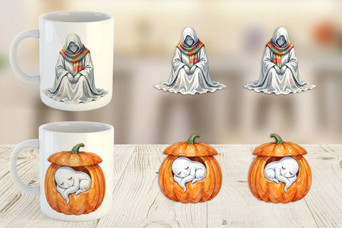 Mug Wrap Watercolor Sleepy Autumn Pumpkin Ghost Sublimation artnoy 
