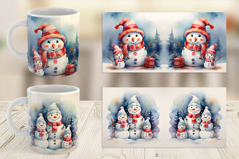 Mug Wrap Watercolor Snowman Family Sublimation artnoy 