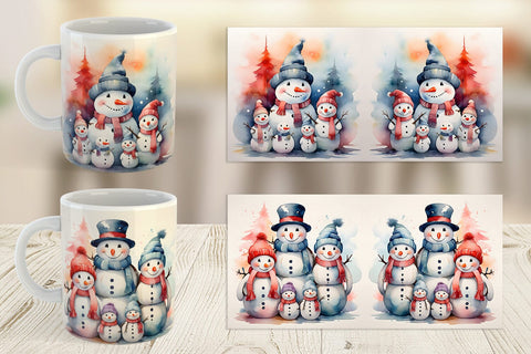 Mug Wrap Watercolor Snowman Family Sublimation artnoy 
