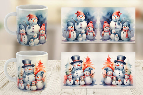 Mug Wrap Watercolor Snowman Family Sublimation artnoy 