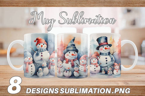 Mug Wrap Watercolor Snowman Family Sublimation artnoy 
