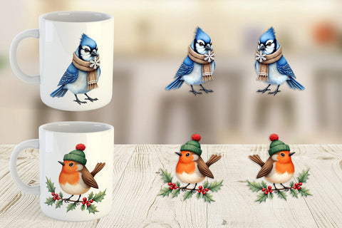 Mug Wrap Whimsical Winter Birds Watercolor Sublimation artnoy 