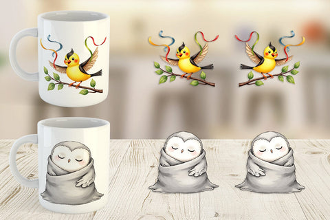Mug Wrap Whimsical Winter Birds Watercolor Sublimation artnoy 