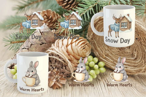 Mug Wrap Winter Cabin Woodland Friends Watercolor Sublimation artnoy 