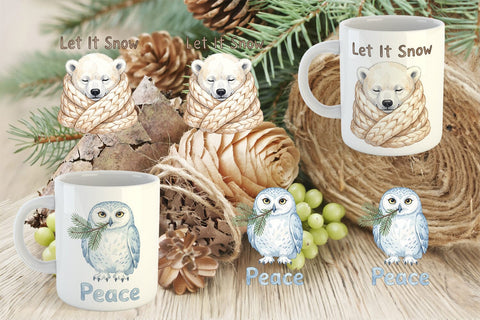 Mug Wrap Winter Cabin Woodland Friends Watercolor Sublimation artnoy 