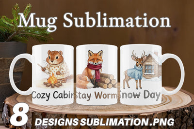 Mug Wrap Winter Cabin Woodland Friends Watercolor Sublimation artnoy 
