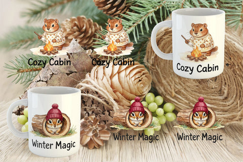 Mug Wrap Winter Cabin Woodland Friends Watercolor Sublimation artnoy 
