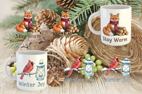 Mug Wrap Winter Cabin Woodland Friends Watercolor Sublimation artnoy 