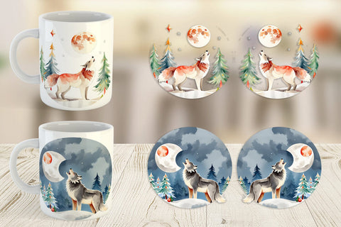 Mug Wrap Wolf Howling at Moon Sublimation artnoy 