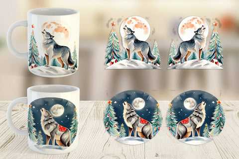 Mug Wrap Wolf Howling at Moon Sublimation artnoy 