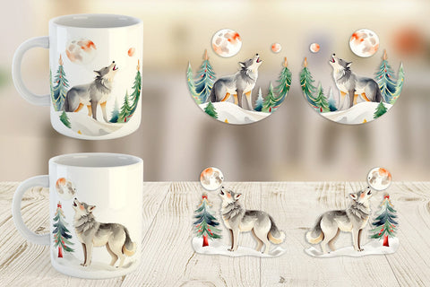 Mug Wrap Wolf Howling at Moon Sublimation artnoy 