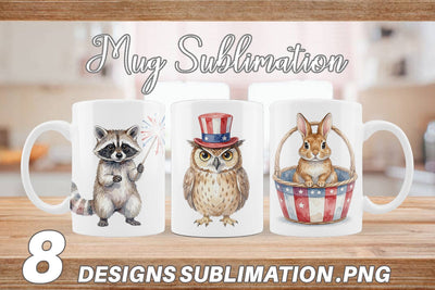 Mug Wrap Woodland Patriotic Animals Watercolor Sublimation artnoy 