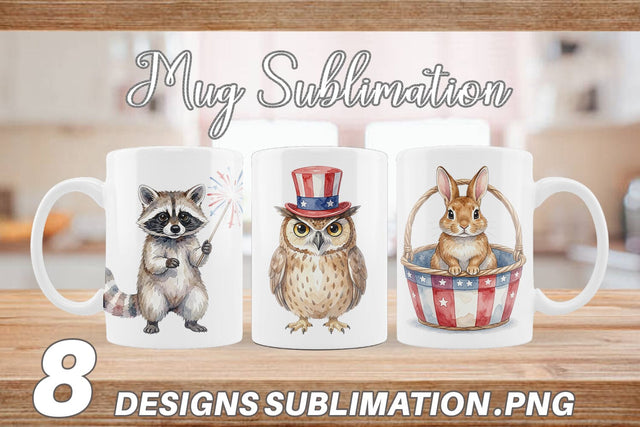Mug Wrap Woodland Patriotic Animals Watercolor Sublimation artnoy 