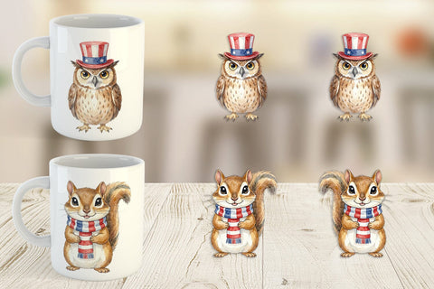 Mug Wrap Woodland Patriotic Animals Watercolor Sublimation artnoy 