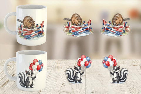 Mug Wrap Woodland Patriotic Animals Watercolor Sublimation artnoy 