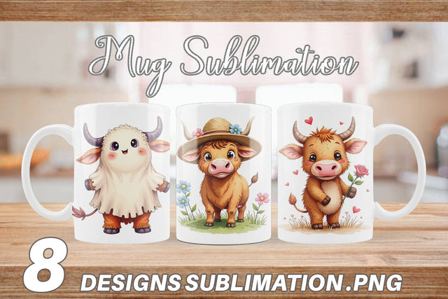 Mug Wrap Year-Round UglyCute Highland Cow Seasonal Watercolor Sublimation artnoy 