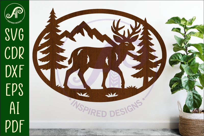 Mule Deer mountain scene Oval wall sign laser cut file SVG APInspireddesigns 