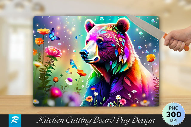 Multicolored Bear with Flowers Cutting Board Sublimation Regulrcrative 