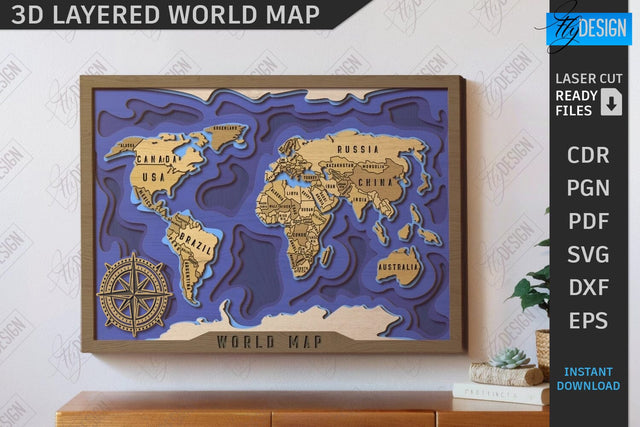 Multilayer World Map Laser Cut | 3D Wall Map | Home Interior | Office Decor | CNC File SVG Fly Design 