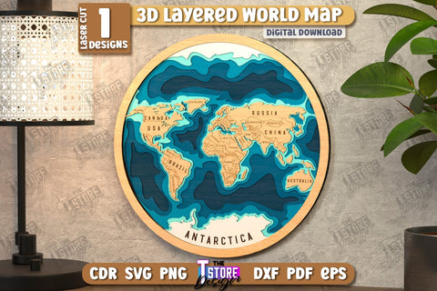 Multilayer World Map Laser Cut | 3D Wall Map | Home Interior | Office Decor | CNC File SVG The T Store Design 