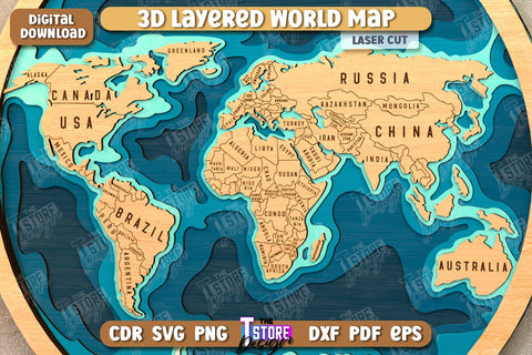 Multilayer World Map Laser Cut | 3D Wall Map | Home Interior | Office Decor | CNC File SVG The T Store Design 