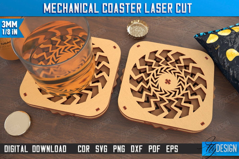 Multilayered Drink Coaster | 3D Design Coaster Laser Cut | Mechanical Style Coaster | CNC File SVG Fly Design 
