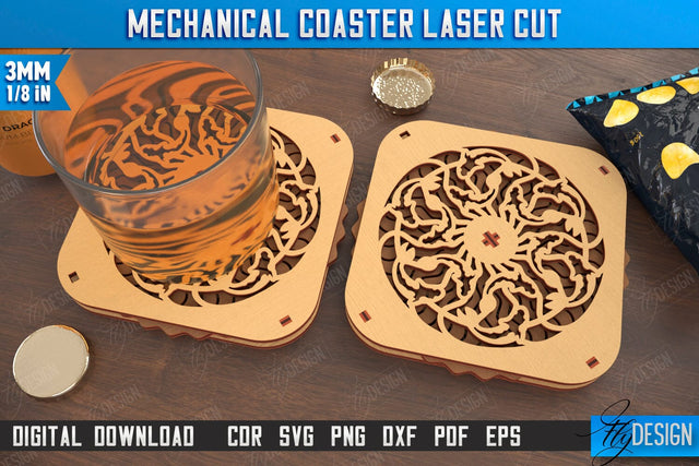 Multilayered Drink Coaster | 3D Design Coaster Laser Cut | Mechanical Style Coaster | CNC File SVG Fly Design 