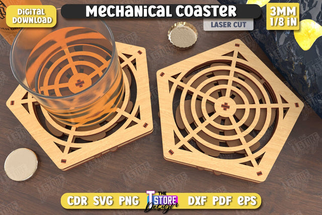 Multilayered Drink Coaster | 3D Design Coaster Laser Cut | Mechanical Style Coaster | CNC File SVG The T Store Design 