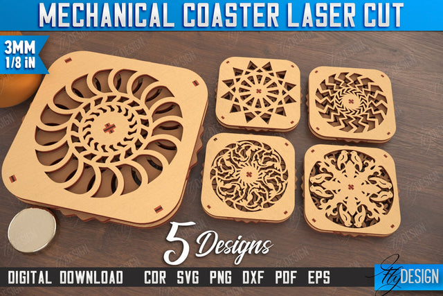 Multilayered Drink Coasters Bundle | 3D Design Coaster Laser Cut | Mechanical Style Coaster | CNC Files SVG Fly Design 
