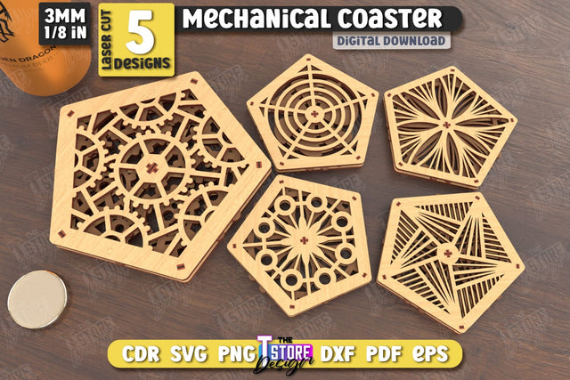Multilayered Drink Coasters Bundle | 3D Design Coaster Laser Cut | Mechanical Style Coaster | CNC Files SVG The T Store Design 