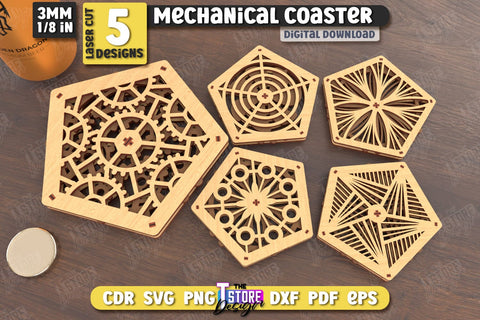 Multilayered Drink Coasters Bundle | 3D Design Coaster Laser Cut | Mechanical Style Coaster | CNC Files SVG The T Store Design 